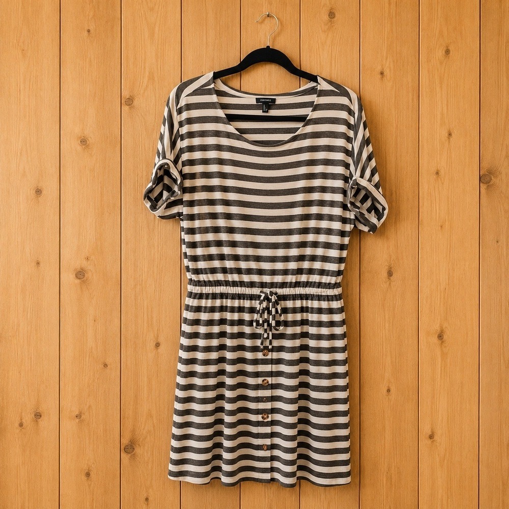Allison Brittney Womens Striped Short Sleeve Drawstring Waist Button‎ Dress L